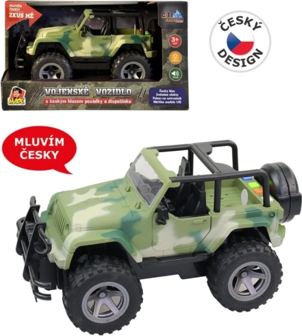 Militær jeep med friktionsdrev og tjekkiske besætningslyde 1:16