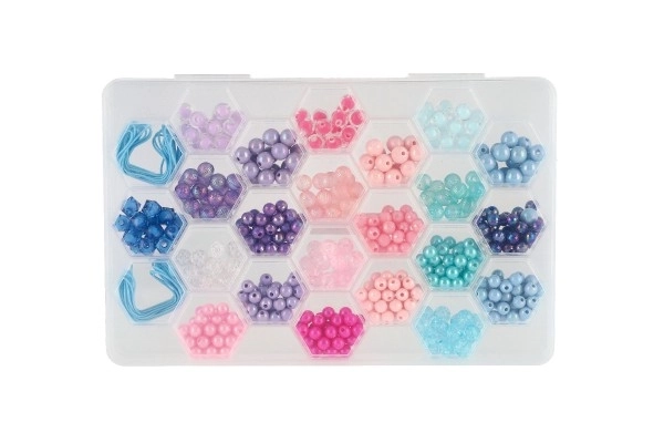 Plastperler farverige med snor i plastboks 20x16,5cm