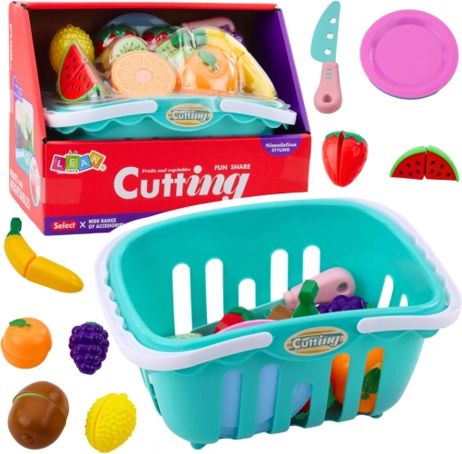 Sæt med frugt til skæring med velcro, tallerkener og kurv til børn