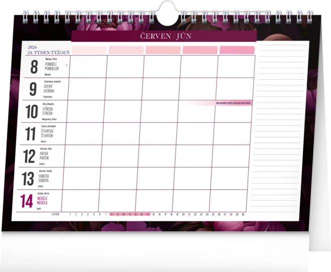 Ugentlig planlægningskalender Lilla blomster 2026, 30 x 21 cm