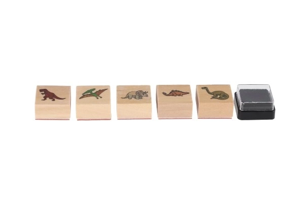 Træstempler 5+1 med pude dinosaurer 3x3cm på kort