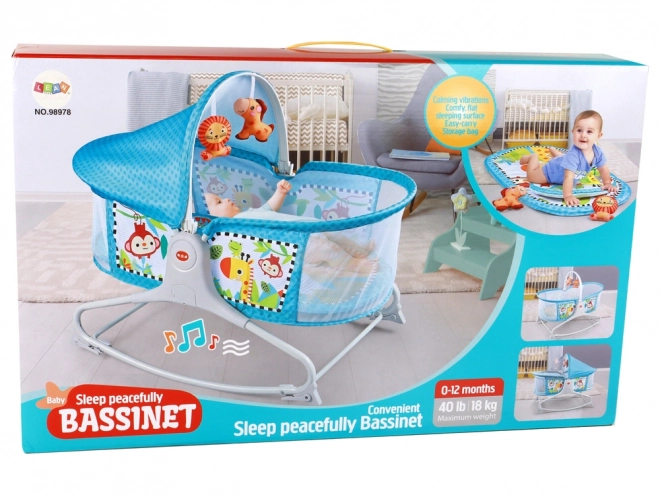 Multifunktionel babyseng 2-i-1 med vibrationer og blåt polstring
