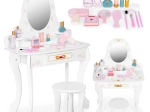 Stor trætoiletbord til børn med spejl til piger, lyserøde tilbehør ECOTOYS