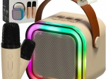 Karaoke-sæt med bluetooth-højttaler, 2 mikrofoner og LED-belysning 6 W – beige