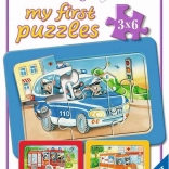 Mit første puslespil – udrykningskøretøjer med dyr bag rattet 3×6 brikker RAVENSBURGER