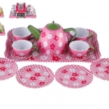 Børns tekop-sæt i metal, 14 dele på bakke