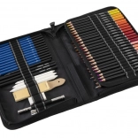 Skitset med blyanter og farveblyanter i etui