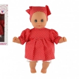 Babydukke 30 cm i røde prikkede kjoler med tørklæde