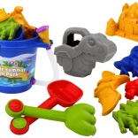 Dinosaursæt til sand med spand med bruser, skovl, rive og forme