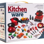 Rødt sæt af gryder med køkken og tilbehør