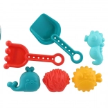 Plastsæt til sand for børn med skovl, rive og forme i net