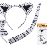Karnevalssæt – hvid tiger (hårbøjle, hale og butterfly)
