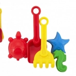 Plastiksæt til sand med skovl, rive og forme i net